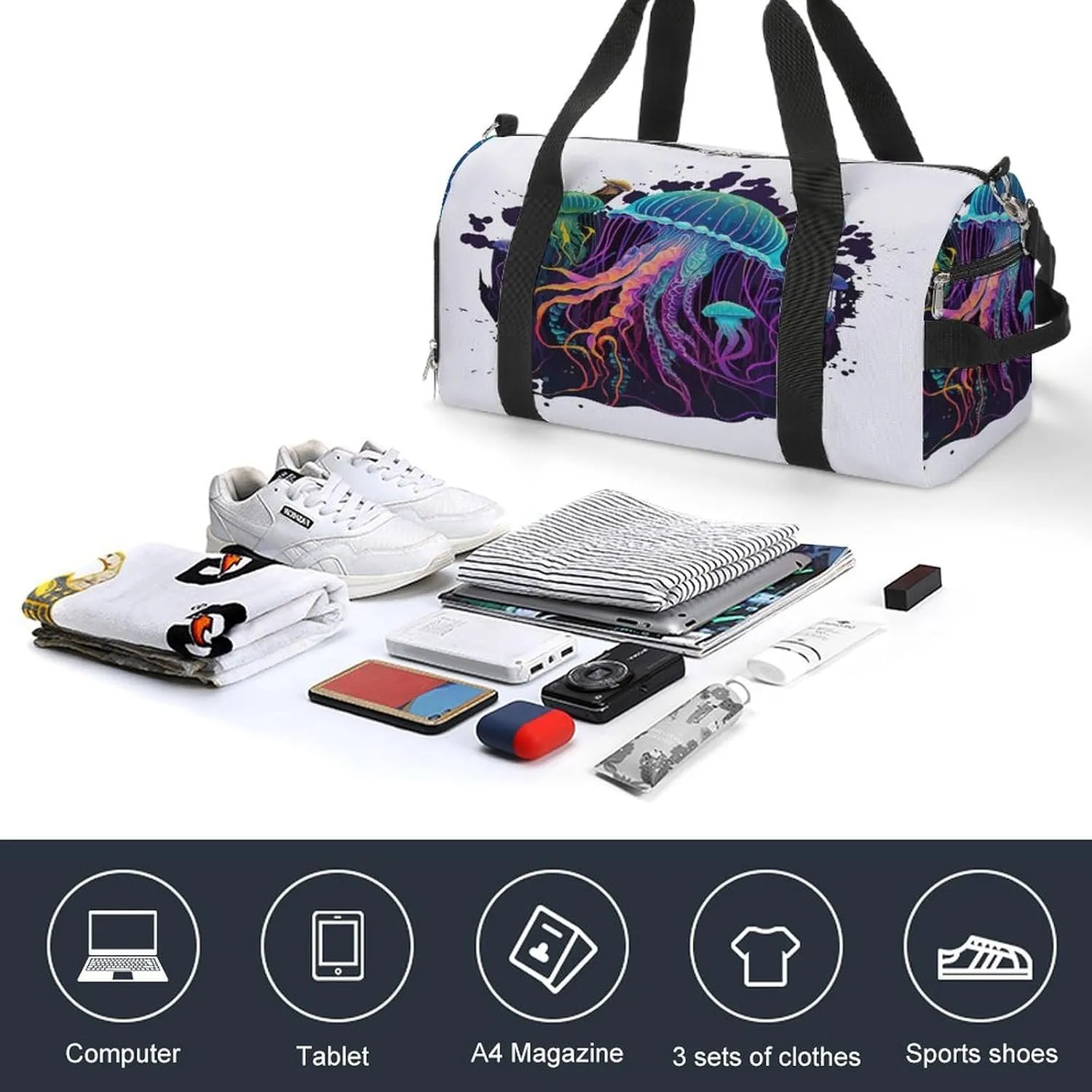 Gym Duffel Bag with Shoe Compartment Wet Pocket, Colorful Jellyfishs Travel Bag for Men Women