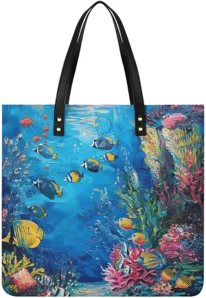 Handbag Leather Tote Bag Underwater Coral Reef Printed Beach Bag for Shopping Playing And Working