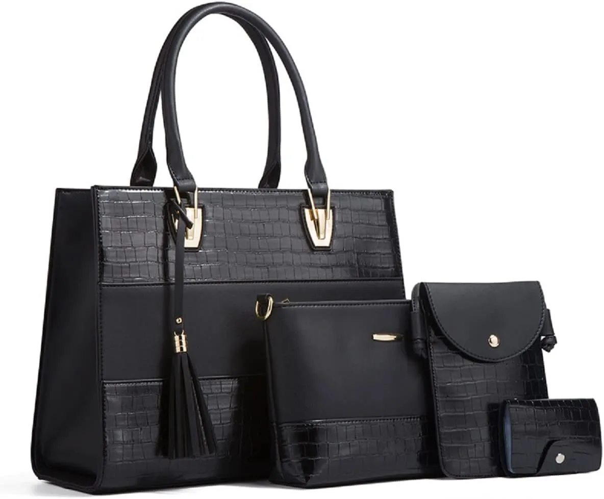 Handbags and Purses for Women Crocodile Pattern Shoulder Bag Tassel Satchel Fashion Top Handle Bag Tote Set 4pcs