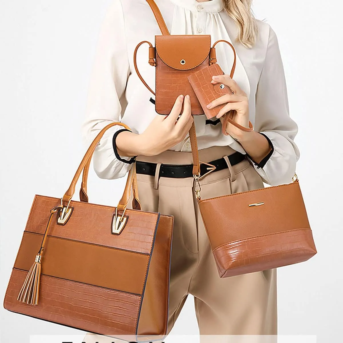 Handbags and Purses for Women Crocodile Pattern Shoulder Bag Tassel Satchel Fashion Top Handle Bag Tote Set 4pcs