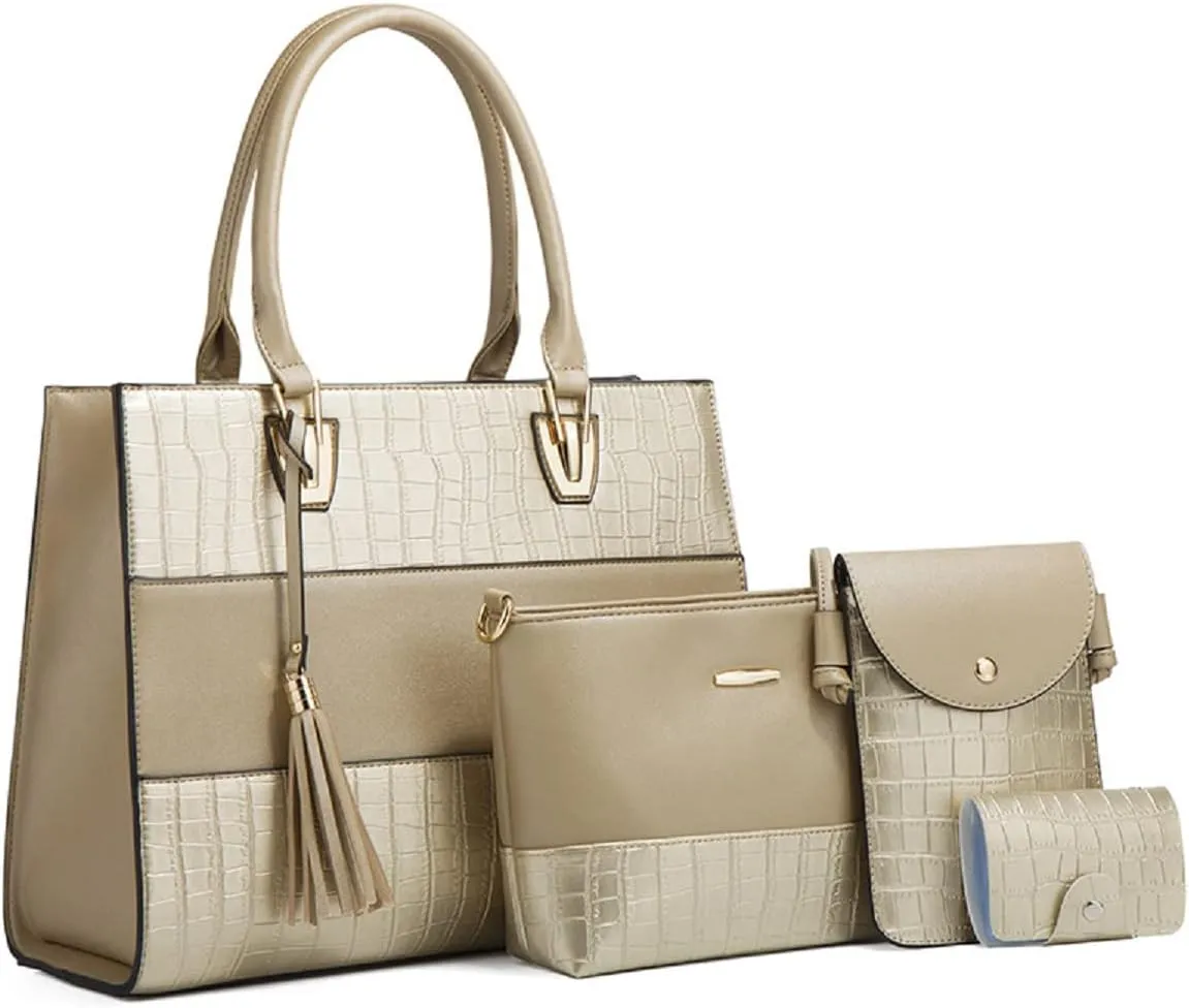 Handbags and Purses for Women Crocodile Pattern Shoulder Bag Tassel Satchel Fashion Top Handle Bag Tote Set 4pcs