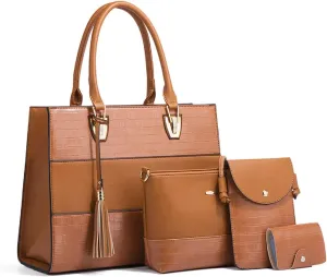 Handbags and Purses for Women Crocodile Pattern Shoulder Bag Tassel Satchel Fashion Top Handle Bag Tote Set 4pcs