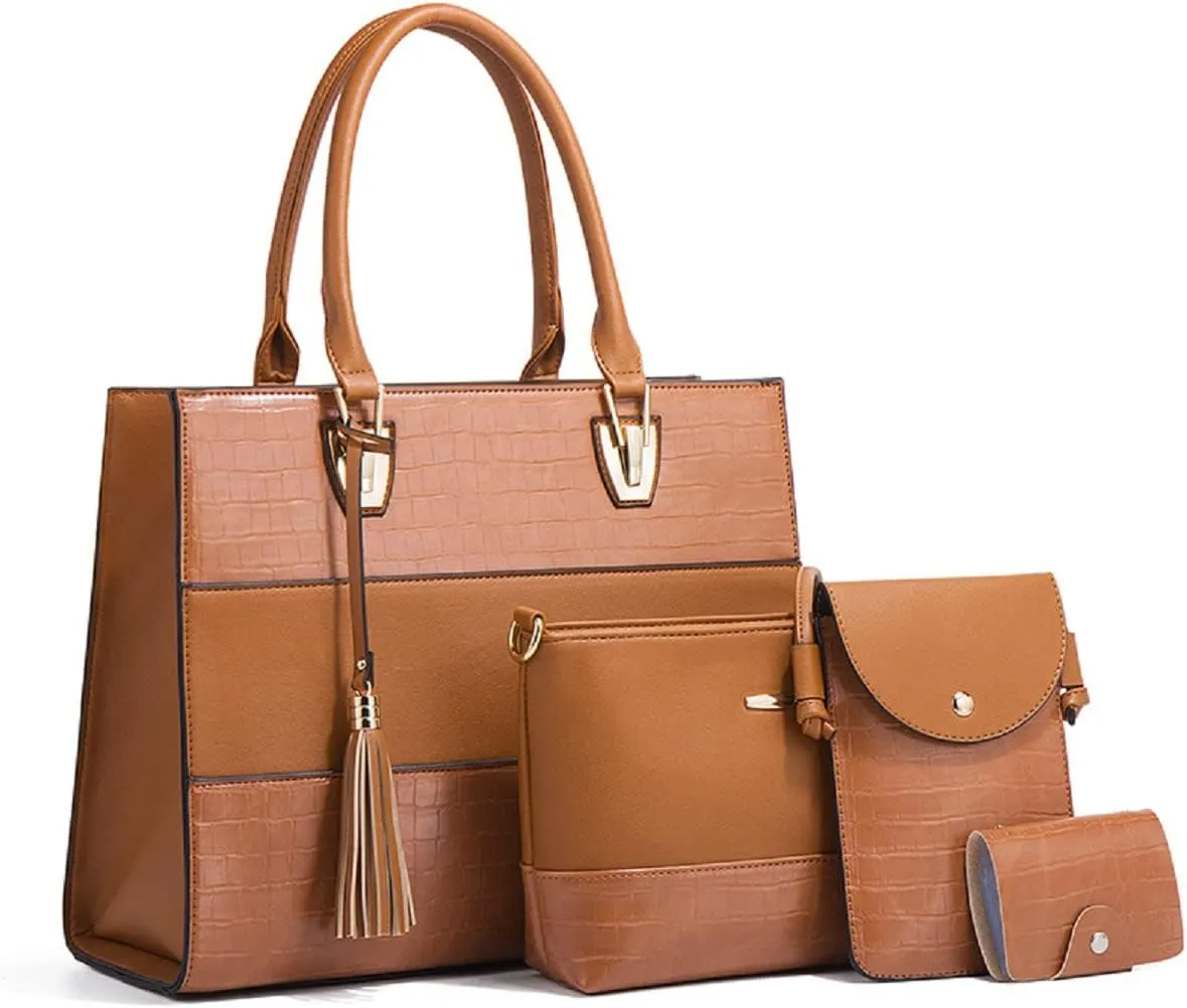 Handbags and Purses for Women Crocodile Pattern Shoulder Bag Tassel Satchel Fashion Top Handle Bag Tote Set 4pcs