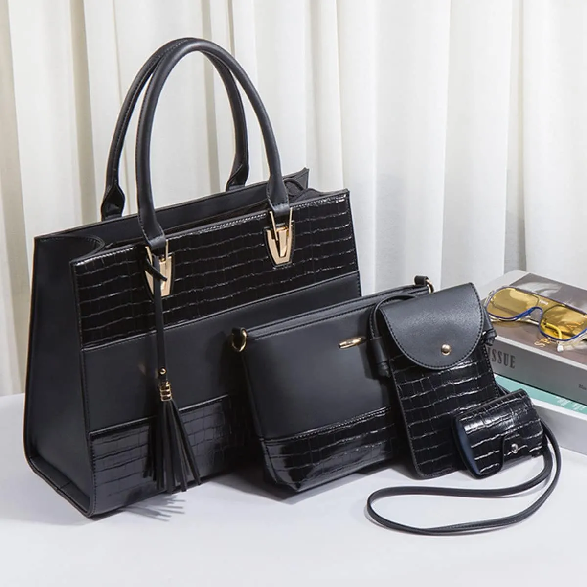 Handbags and Purses for Women Crocodile Pattern Shoulder Bag Tassel Satchel Fashion Top Handle Bag Tote Set 4pcs