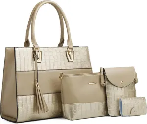 Handbags and Purses for Women Crocodile Pattern Shoulder Bag Tassel Satchel Fashion Top Handle Bag Tote Set 4pcs
