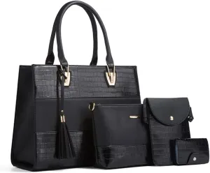 Handbags and Purses for Women Crocodile Pattern Shoulder Bag Tassel Satchel Fashion Top Handle Bag Tote Set 4pcs