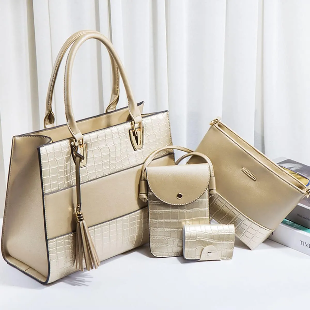 Handbags and Purses for Women Crocodile Pattern Shoulder Bag Tassel Satchel Fashion Top Handle Bag Tote Set 4pcs