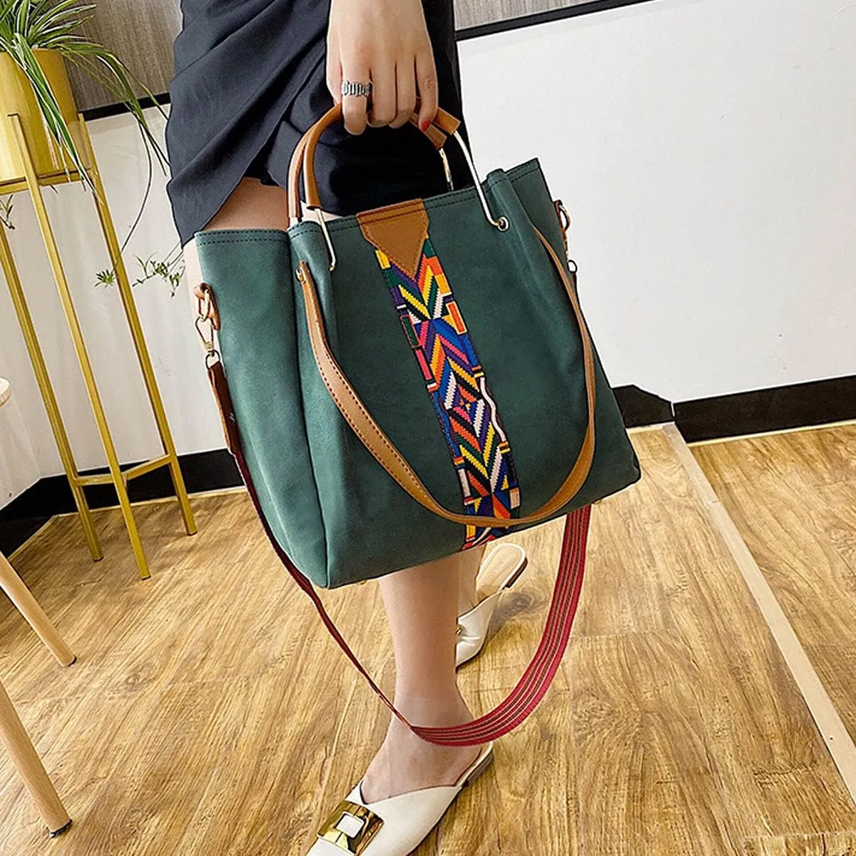 Handbags for Women Color Strip Stitching Shoulder Tote Zipper Purse PU Leather Ladies Top-handle Satchel 2pcs Set