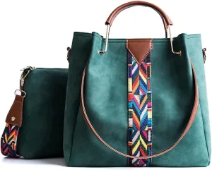Handbags for Women Color Strip Stitching Shoulder Tote Zipper Purse PU Leather Ladies Top-handle Satchel 2pcs Set