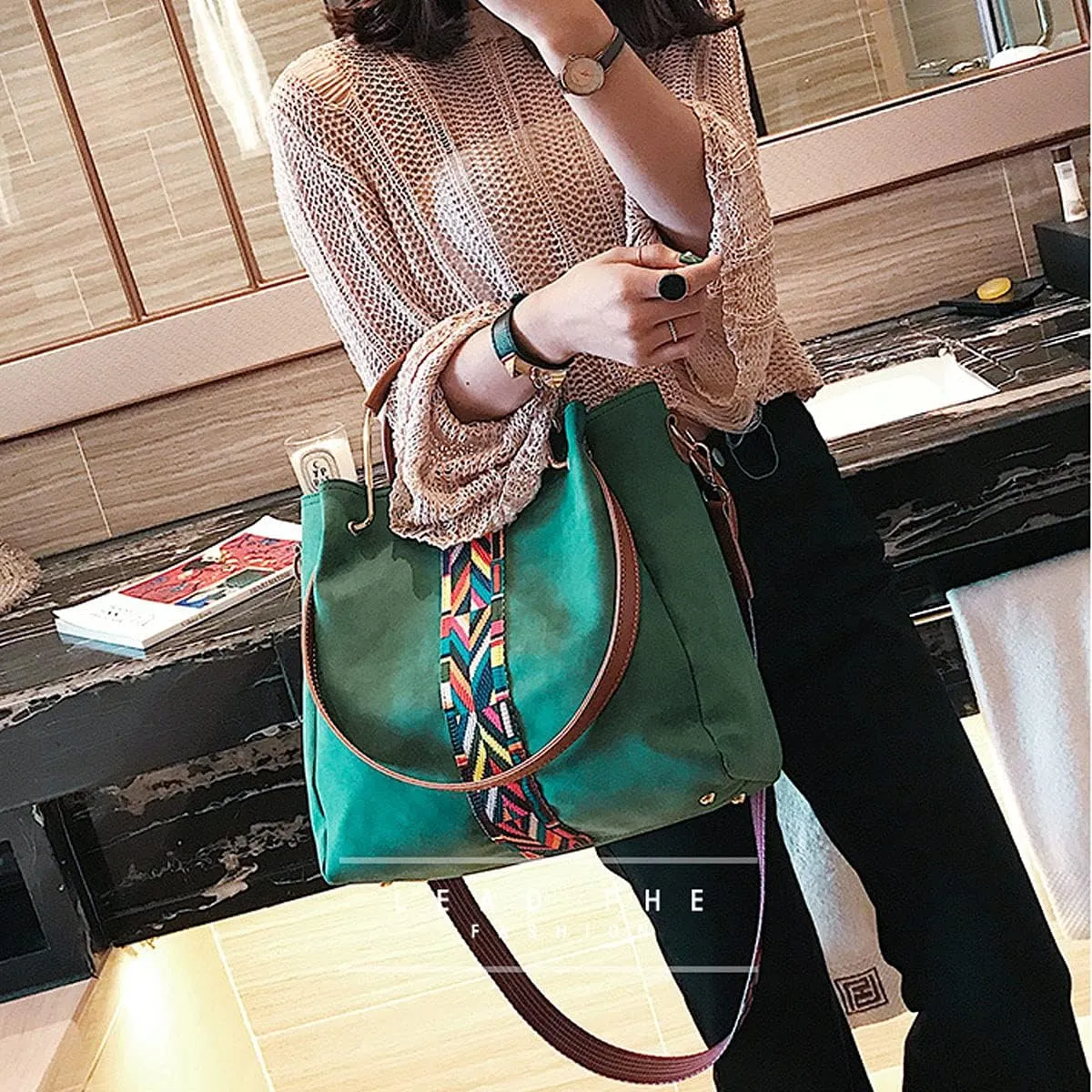 Handbags for Women Color Strip Stitching Shoulder Tote Zipper Purse PU Leather Ladies Top-handle Satchel 2pcs Set