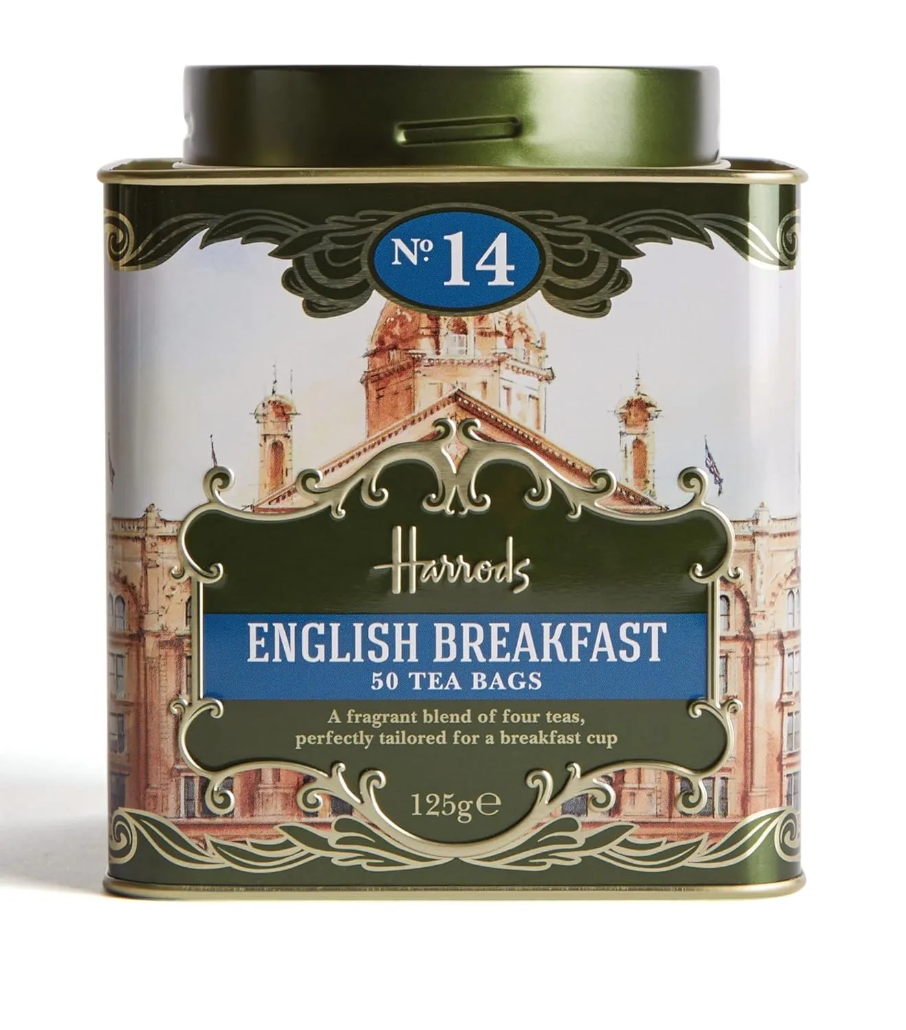 Harrods London. No. 14, English Breakfast 50 Tea Bags 125g 4.4oz GIFT TIN CADDY Seller Product Id HD2 USA Stock