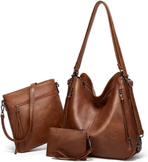 Hobo Tote Shoulder Bag Purses 3pcs for Women PU Retro Backpack Handbag Satchel Clutch Wallet Burgundy