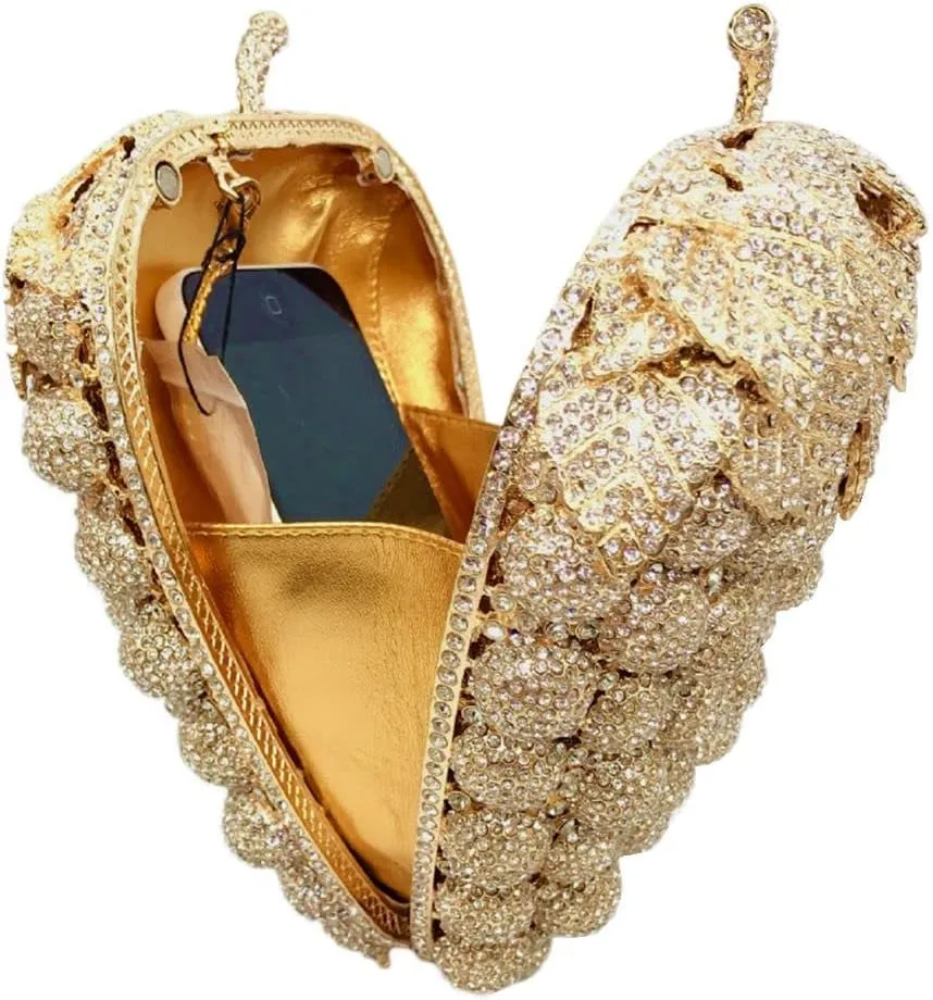 Hollow Carved Grape Rhinestone Evening Clutch Women Luxury Crystal Handbags Purses for Party and Wedding
