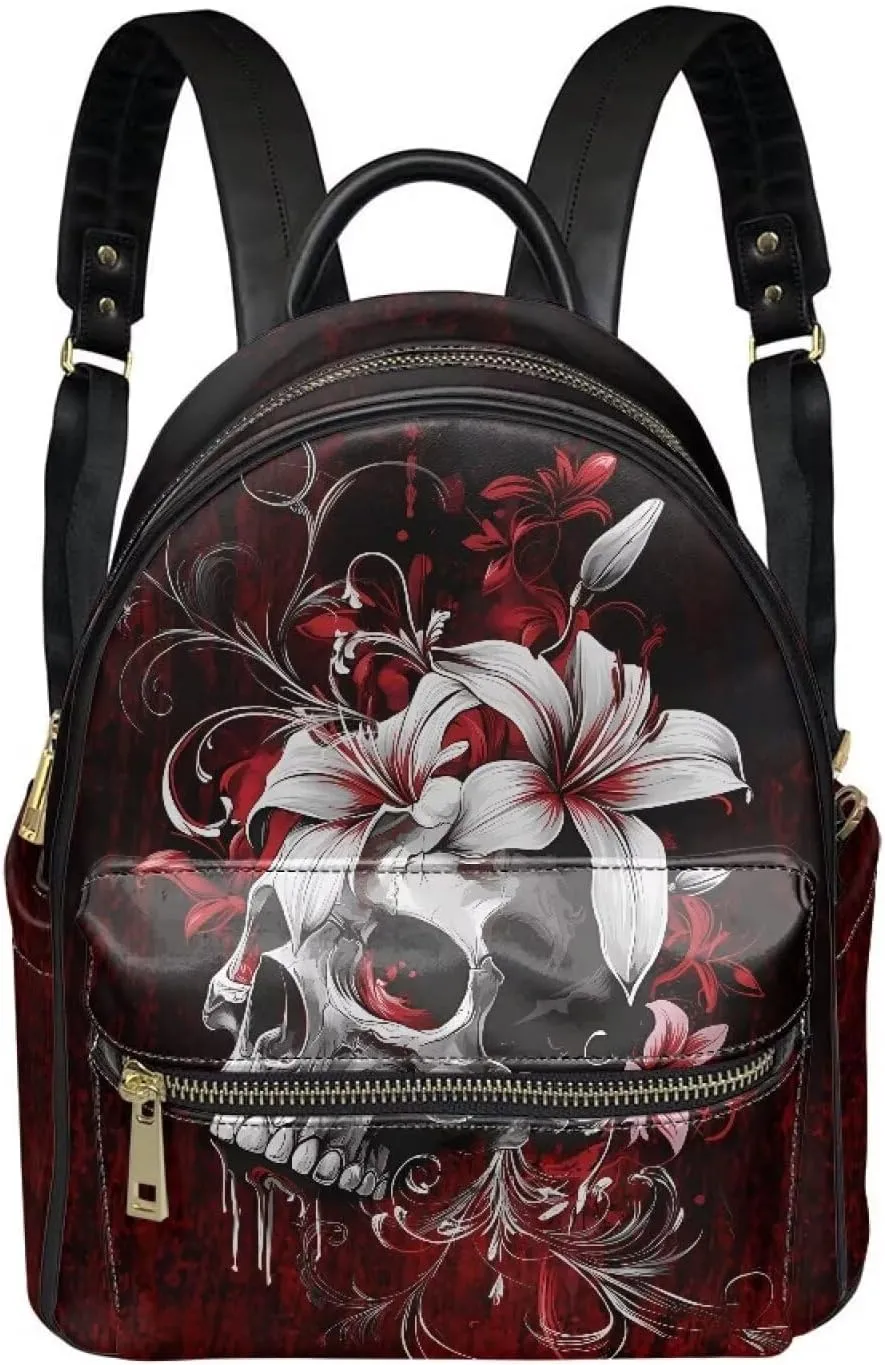 Horror Mini Backpack Skull Purses for Women Lily Shoulder Bag Portable Travel Work Rucksack Daypack for Women Portable Work School Bag with Adjustable Strap