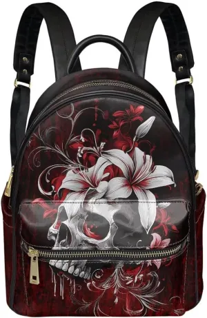 Horror Mini Backpack Skull Purses for Women Lily Shoulder Bag Portable Travel Work Rucksack Daypack for Women Portable Work School Bag with Adjustable Strap