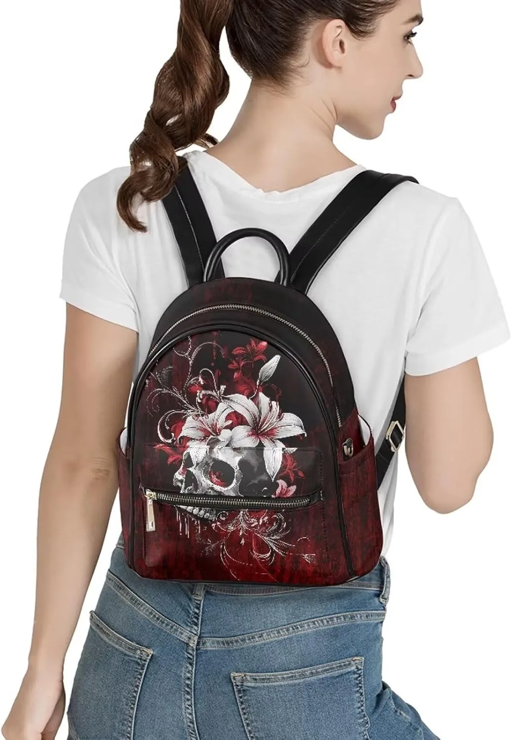 Horror Mini Backpack Skull Purses for Women Lily Shoulder Bag Portable Travel Work Rucksack Daypack for Women Portable Work School Bag with Adjustable Strap