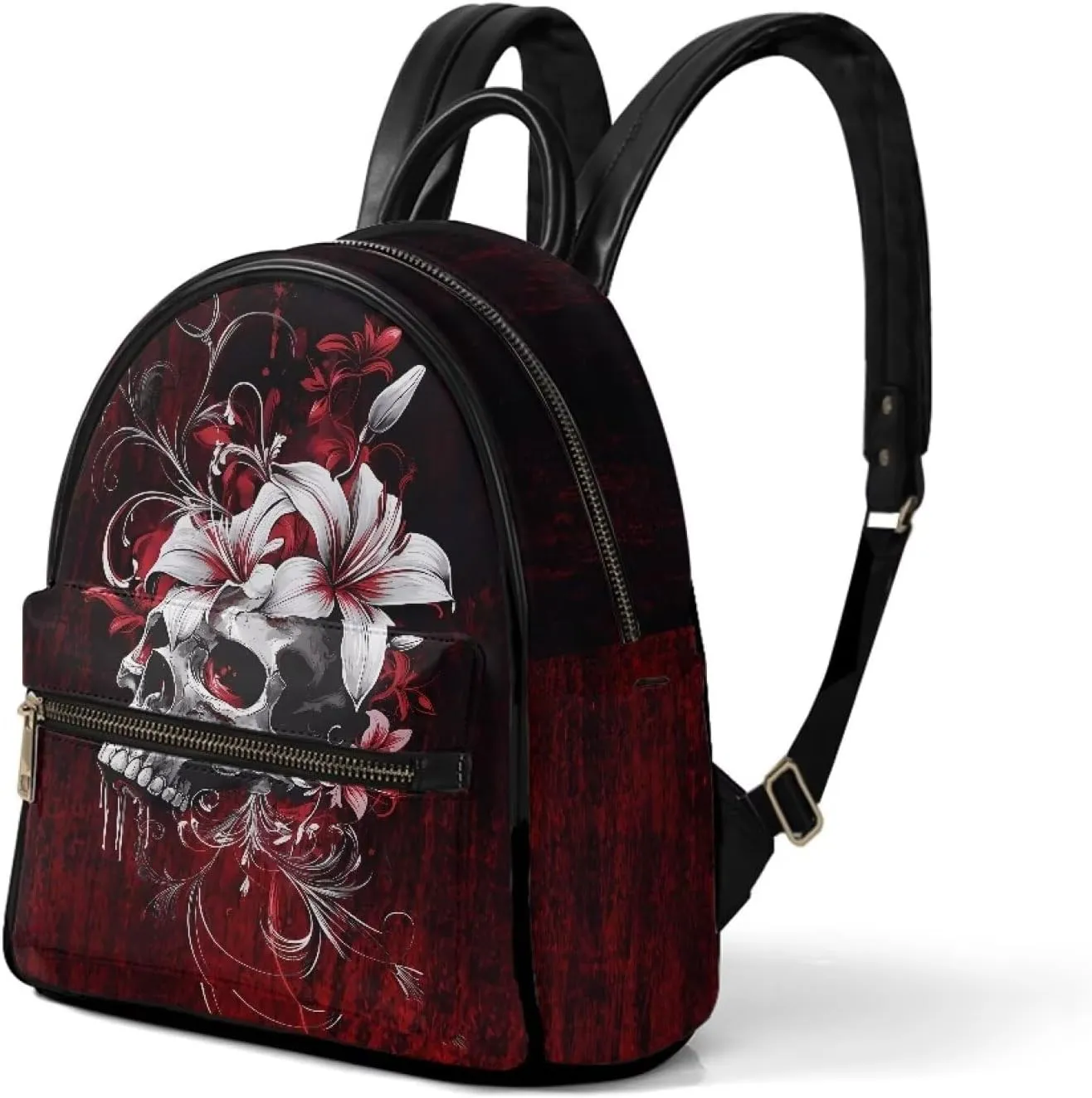 Horror Mini Backpack Skull Purses for Women Lily Shoulder Bag Portable Travel Work Rucksack Daypack for Women Portable Work School Bag with Adjustable Strap