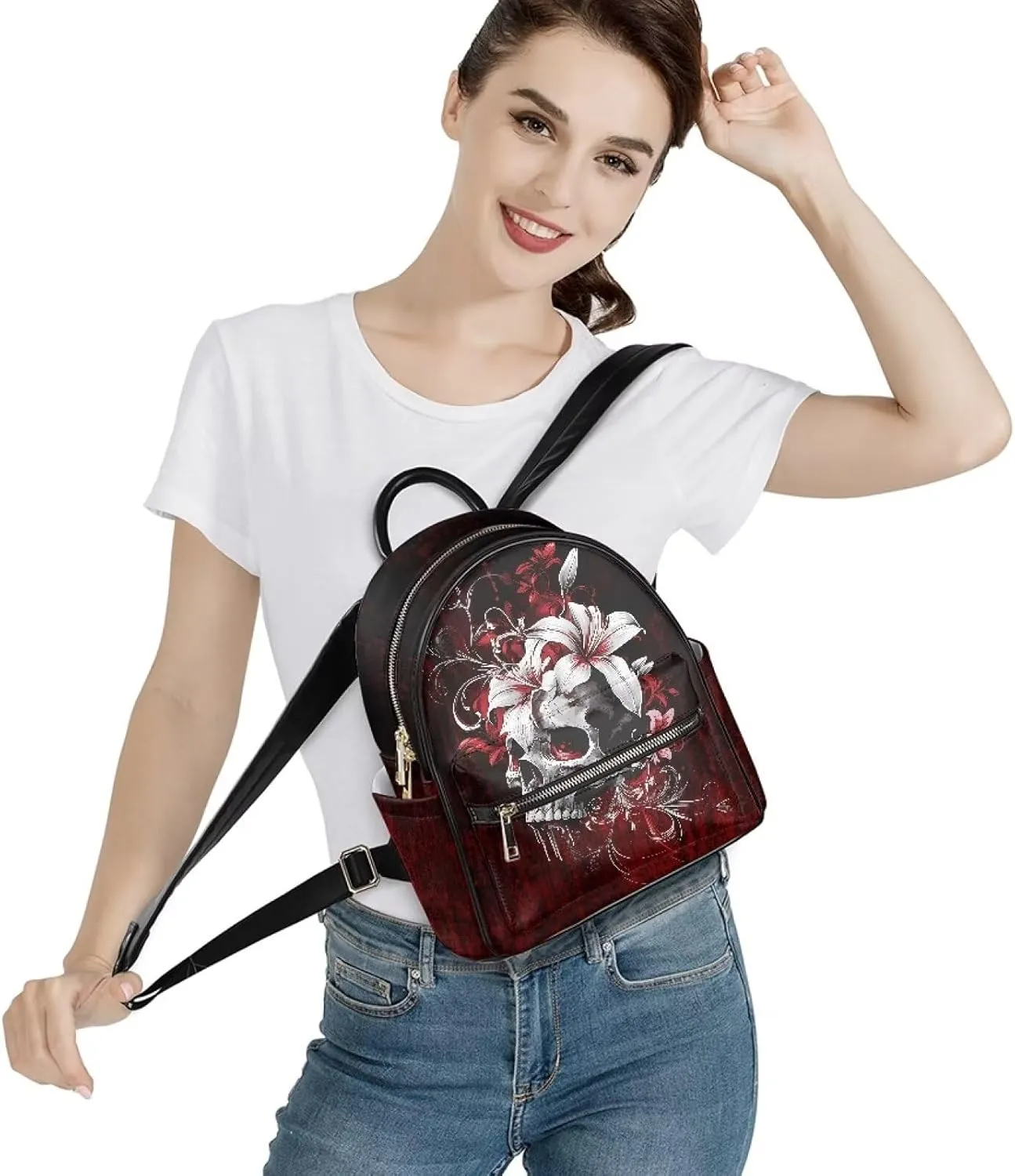 Horror Mini Backpack Skull Purses for Women Lily Shoulder Bag Portable Travel Work Rucksack Daypack for Women Portable Work School Bag with Adjustable Strap