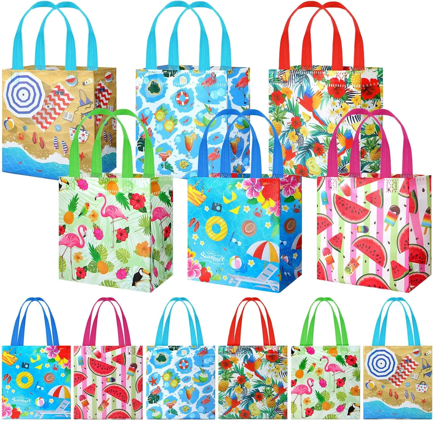 Hosuly 36 Pieces Tropical Hawaiian Tote Bags Summer beach Pool Bags with Handles Reusable Wrapping Bags Colorful Non woven Bags for Luau Tropical Beach Holiday Party Favors (Summer)