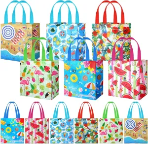 Hosuly 36 Pieces Tropical Hawaiian Tote Bags Summer beach Pool Bags with Handles Reusable Wrapping Bags Colorful Non woven Bags for Luau Tropical Beach Holiday Party Favors (Summer)
