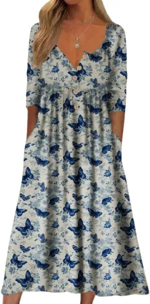 HOTYD Boho Floral Dress for Women V Neck Half Sleeve Button Midi Dress with Pockets Vacation Summer Dresses for Women 2025