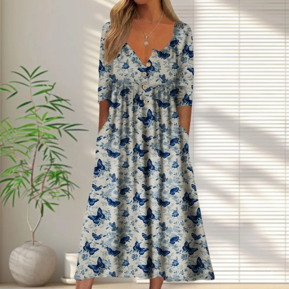 HOTYD Boho Floral Dress for Women V Neck Half Sleeve Button Midi Dress with Pockets Vacation Summer Dresses for Women 2025