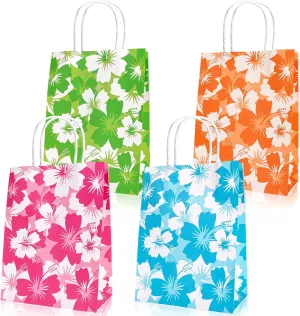 HOWAF 12pcs Hawaiian Hibiscus Party Gift Bags,Summer Beach Party Treat Bags with Handles,Summer Tropical Tiki Luau Gift Bags for Birthday Party Poool Party Decoration,Hibiscus Reusable Treat Bags Size 6.2 x 3.14 x 8.2 Inches