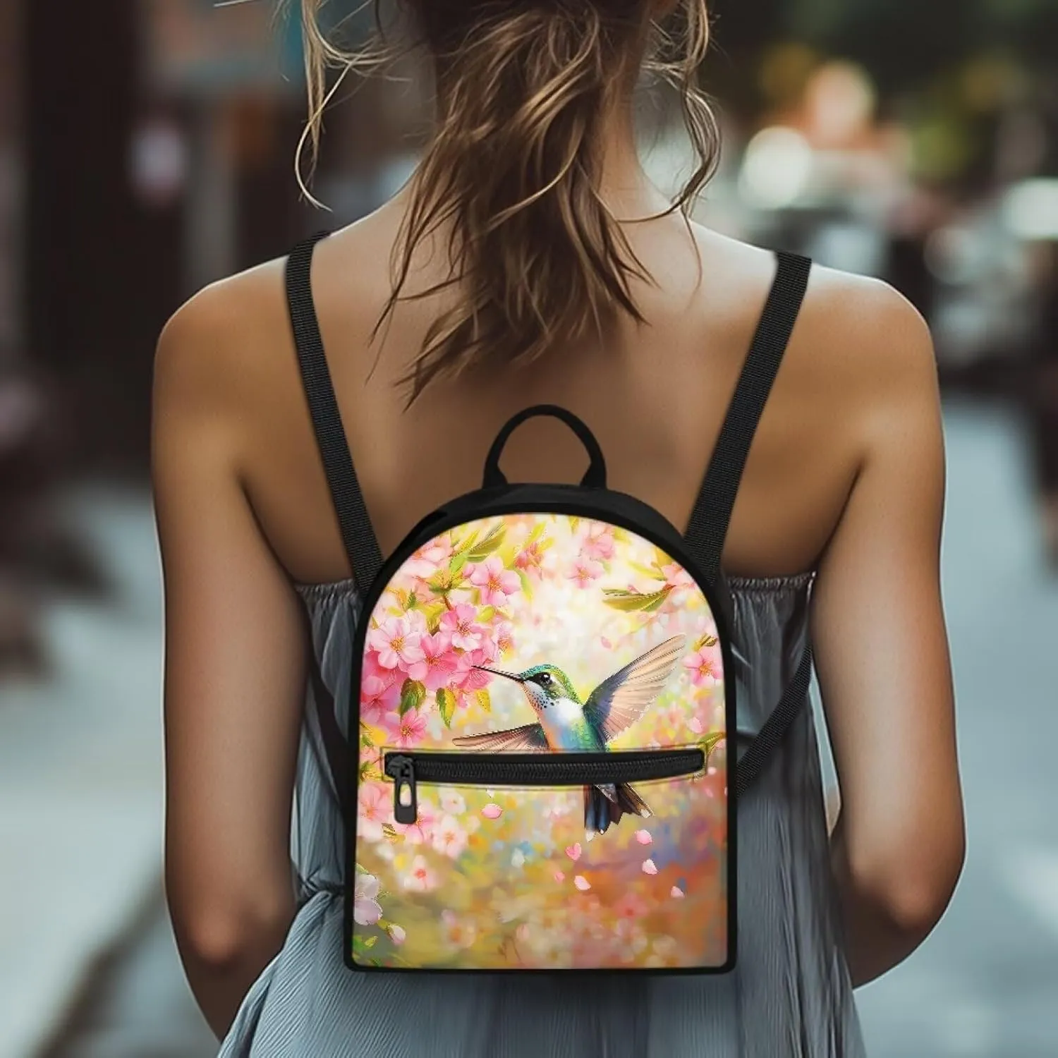 Hummingbird Backpack for Women Teen Girls Backpack Purses Cherry Blossom Travel Daypack Casual Satchel Handbags Mini Cell Phone Bags for Shopping Outdoor Hiking