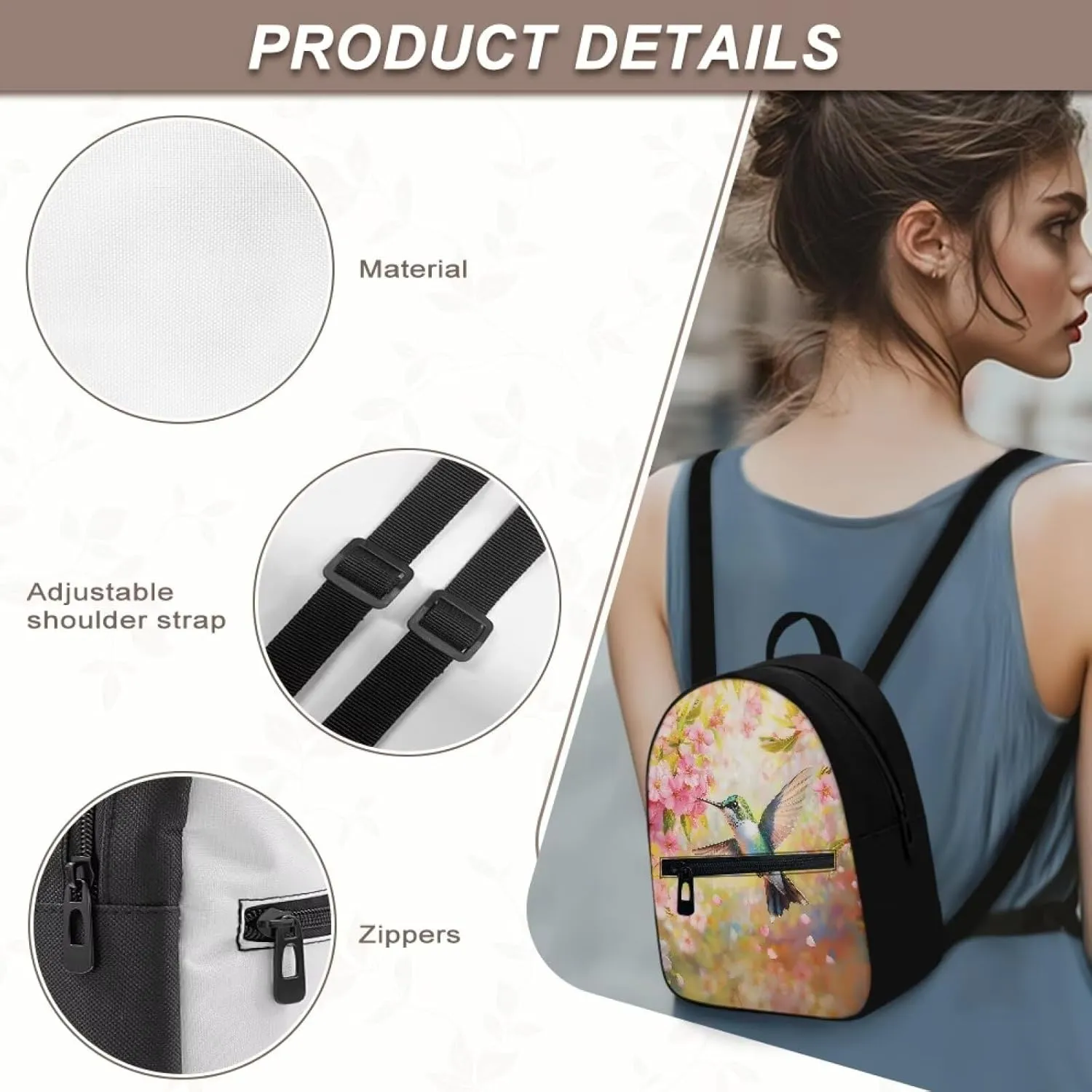 Hummingbird Backpack for Women Teen Girls Backpack Purses Cherry Blossom Travel Daypack Casual Satchel Handbags Mini Cell Phone Bags for Shopping Outdoor Hiking