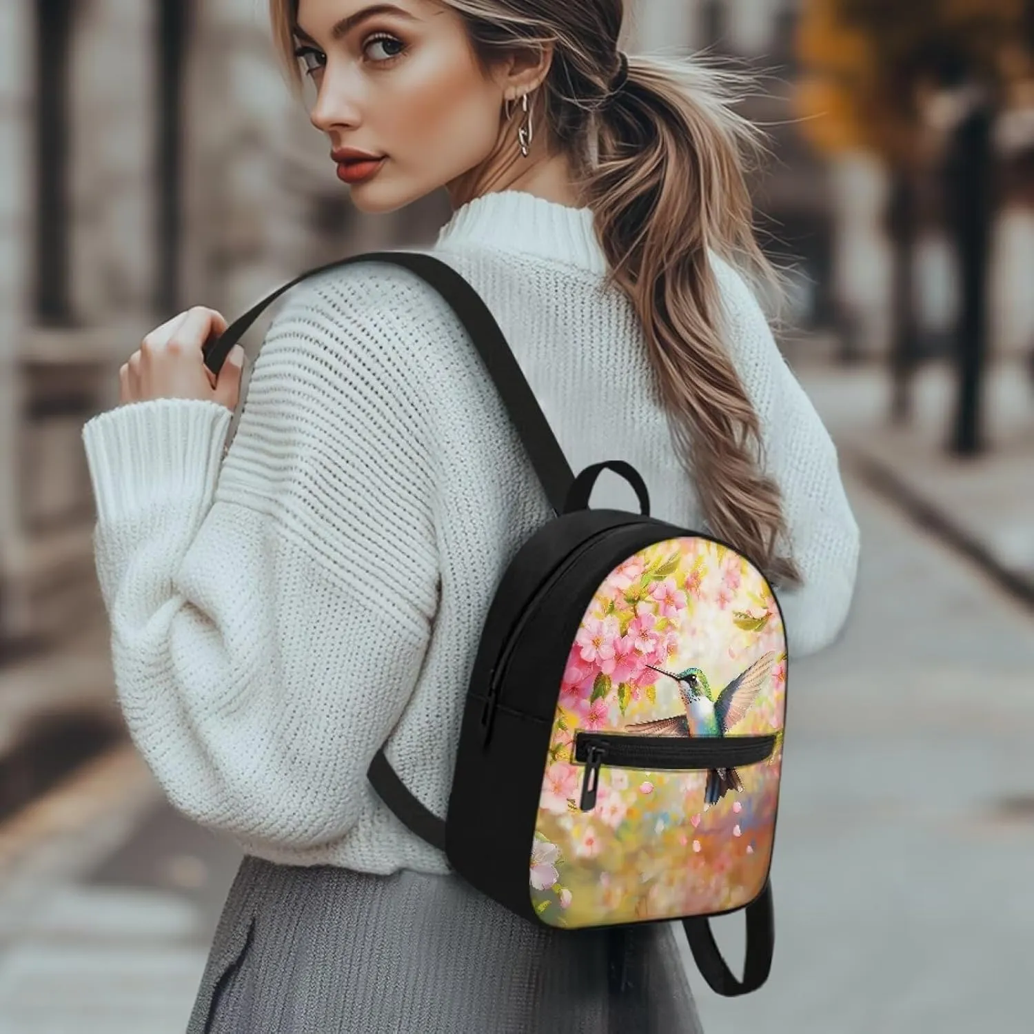 Hummingbird Backpack for Women Teen Girls Backpack Purses Cherry Blossom Travel Daypack Casual Satchel Handbags Mini Cell Phone Bags for Shopping Outdoor Hiking