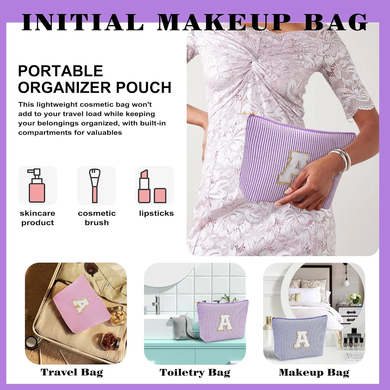 Initial Makeup Bag for Women - Travel Pouch, Portable Cosmetic Bag Make up Kit Pouch | Travel Essentials Cute Makeup Bag Birthday Gifts for Women (Purple Letter T)
