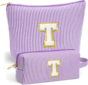 Initial Makeup Bag for Women - Travel Pouch, Portable Cosmetic Bag Make up Kit Pouch | Travel Essentials Cute Makeup Bag Birthday Gifts for Women (Purple Letter T)