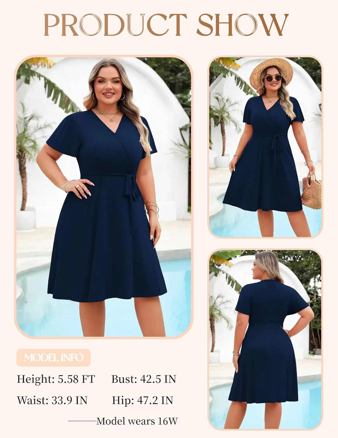 IN'VOLAND Women's Plus Size V Neck Knee Length Dress Casual Floral Dresses Summer Short Sleeve Sundress with Pockets