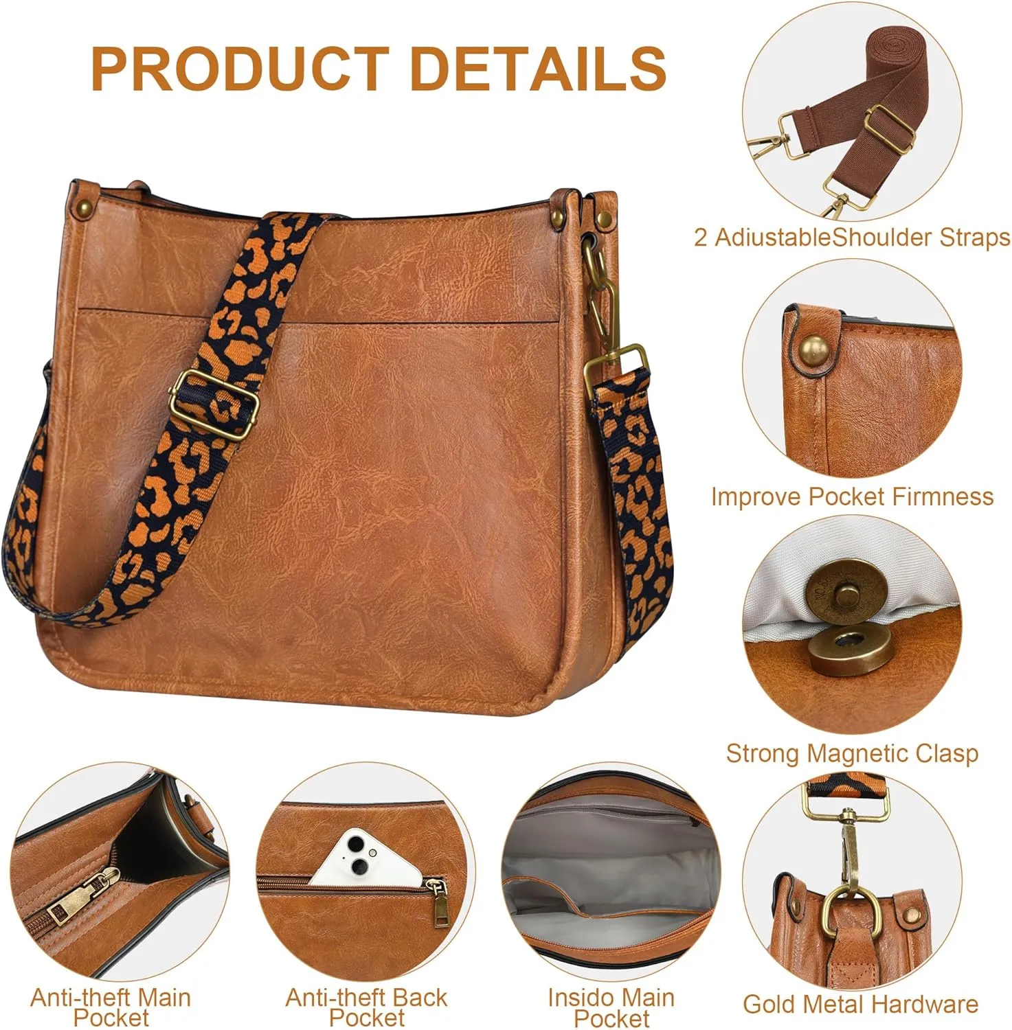 JAMfit Crossbody Bag for Women Vegan Leather Hobo Handbags Trendy Shoulder Purse Handbag With 2 Adjustable Strap