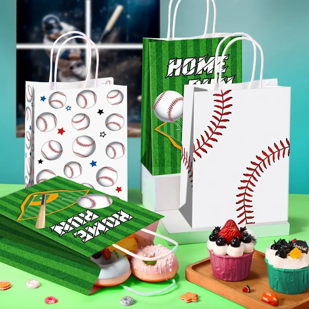 JOYGATHER 24 Pcs Baseball Party Favors Bags with Handles, Baseball Goodie Gift Candy Treat Snack Paper Bags with 3 Different Types for Birthday Party Supplies