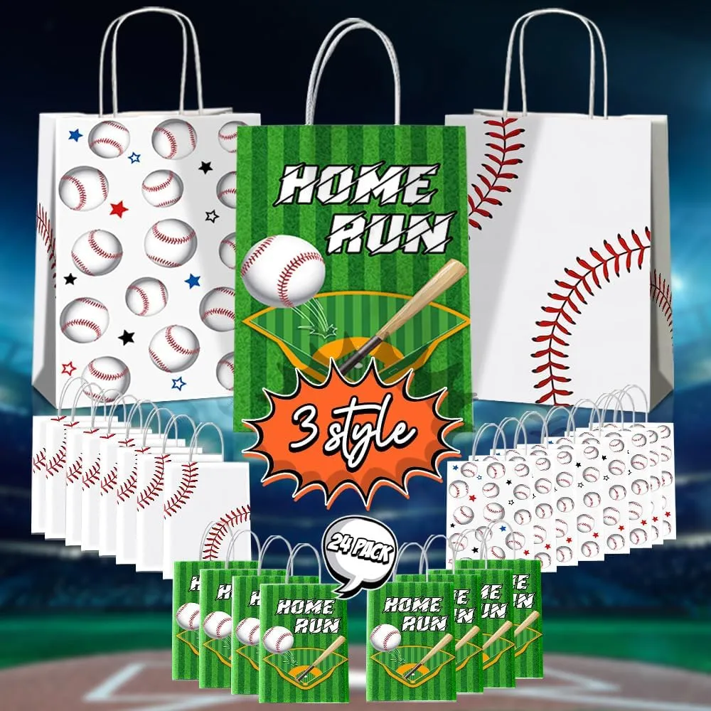 JOYGATHER 24 Pcs Baseball Party Favors Bags with Handles, Baseball Goodie Gift Candy Treat Snack Paper Bags with 3 Different Types for Birthday Party Supplies