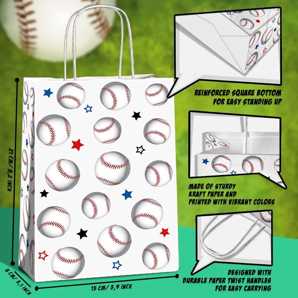 JOYGATHER 24 Pcs Baseball Party Favors Bags with Handles, Baseball Goodie Gift Candy Treat Snack Paper Bags with 3 Different Types for Birthday Party Supplies