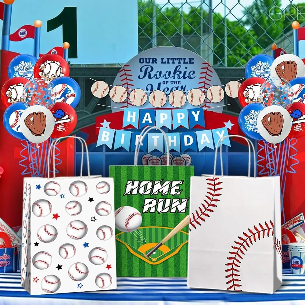 JOYGATHER 24 Pcs Baseball Party Favors Bags with Handles, Baseball Goodie Gift Candy Treat Snack Paper Bags with 3 Different Types for Birthday Party Supplies