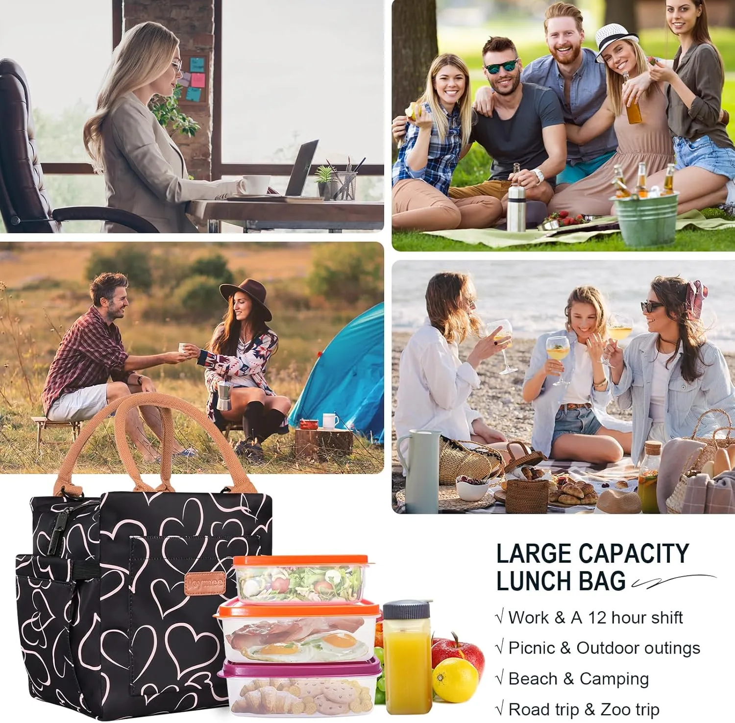 Joymee Lunch Bag Women Insulated Lunch Box with Adjustable Shoulder Strap Large Reusable Leakproof Spacious Cooler Tote for Women Men Adult with Bottle Holder and Side Pockets - Love Heart
