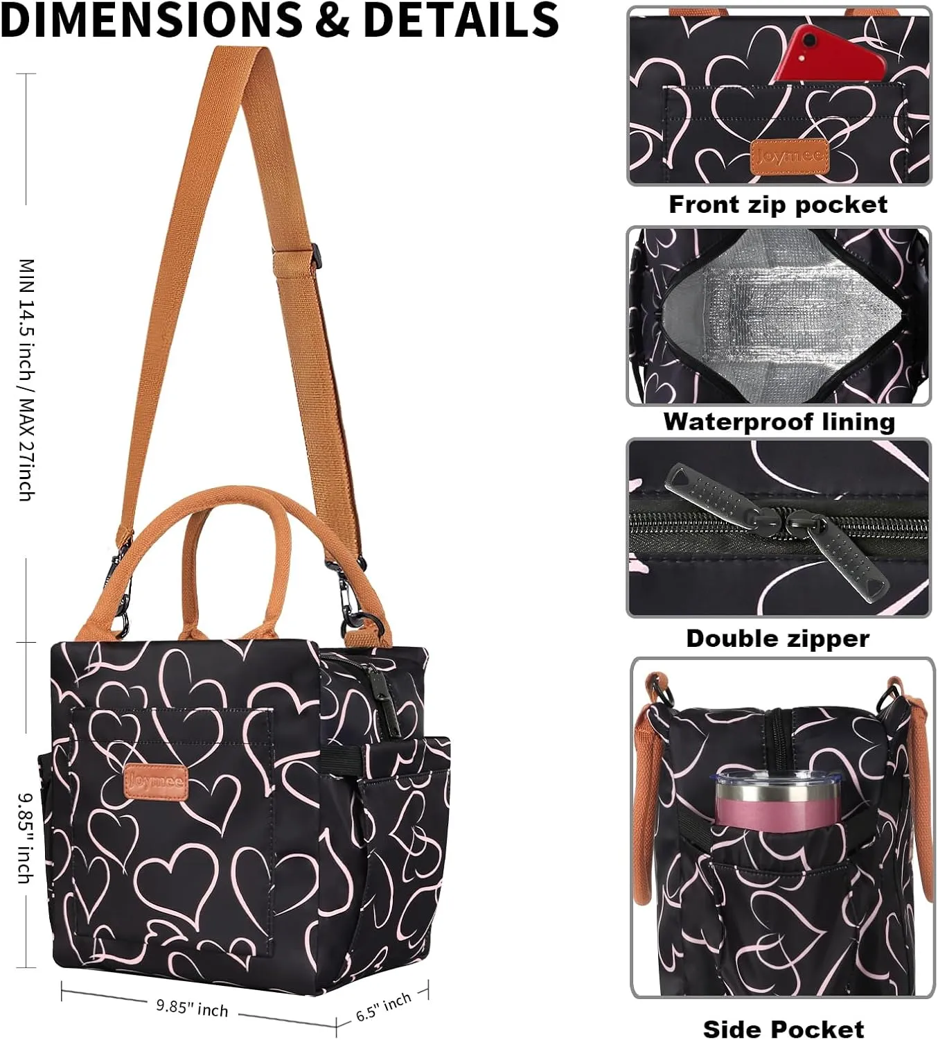 Joymee Lunch Bag Women Insulated Lunch Box with Adjustable Shoulder Strap Large Reusable Leakproof Spacious Cooler Tote for Women Men Adult with Bottle Holder and Side Pockets - Love Heart