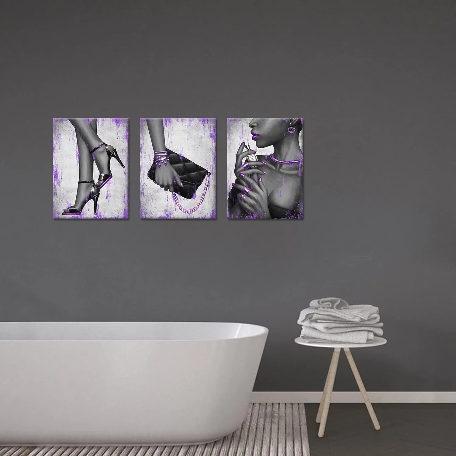 Kalormore Purple Fashion Picture for Girl Bedroom Glam Elegant African American Black Woman with Jewelry Perfume High Heel Shoes Handbag Painting Gift Makeup Room Beauty Salon Wall Decoration (12x16x3)