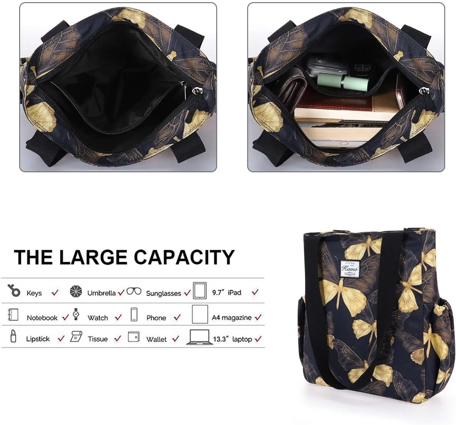 KAMO Floral Tote Bag - Waterproof Lightweight Handbags Travel Shoulder Bag for Hiking Yoga Gym Swimming Travel Beach