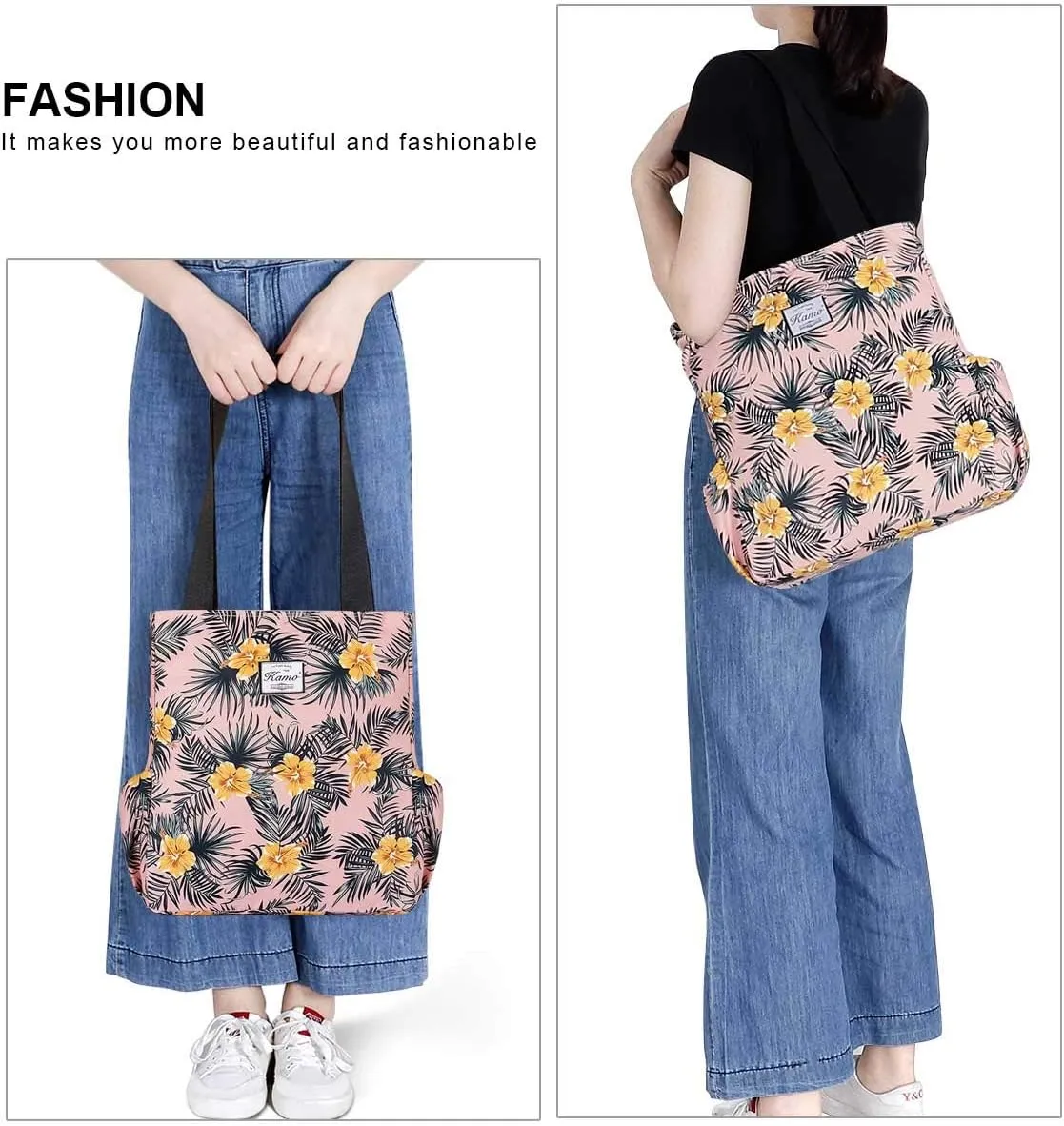 KAMO Floral Tote Bag - Waterproof Lightweight Handbags Travel Shoulder Bag for Hiking Yoga Gym Swimming Travel Beach