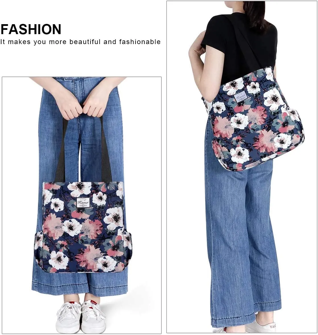 KAMO Floral Tote Bag - Waterproof Lightweight Handbags Travel Shoulder Bag for Hiking Yoga Gym Swimming Travel Beach