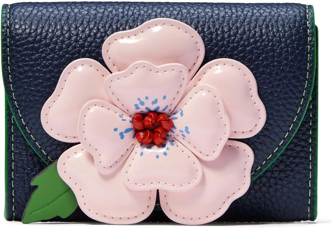 kate spade new york IN THE Garden Floral Applique Pebbled Leather Flap Card case, Parisian Navy Multi