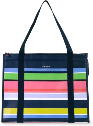 kate spade new york Reusable Shopping Bag, Insulated Grocery Tote with Shoulder Straps, Large Collapsible Tote Cooler, Sunny Day Stripe