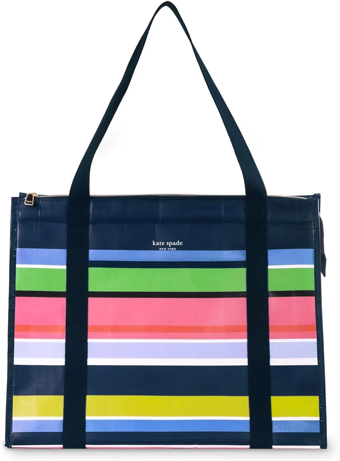 kate spade new york Reusable Shopping Bag, Insulated Grocery Tote with Shoulder Straps, Large Collapsible Tote Cooler, Sunny Day Stripe