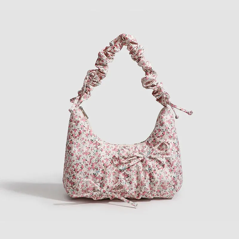 Kawaii Floral Canvas Rouched Handbag with Bow Decoration🌸✨