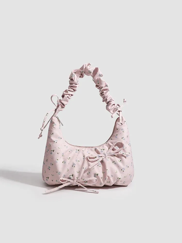 Kawaii Floral Canvas Rouched Handbag with Bow Decoration🌸✨