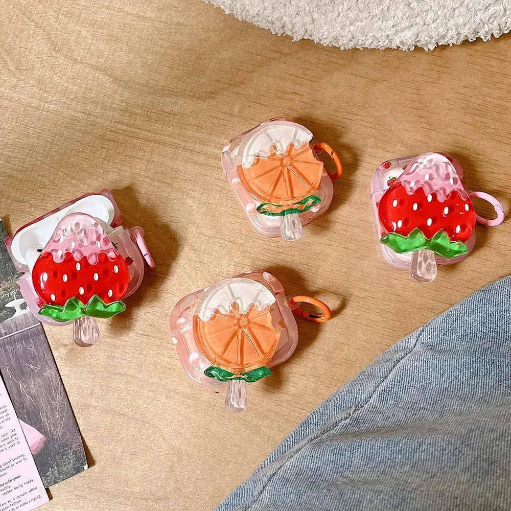Kawaii Strawberry & Orange Popsicle AirPods Case 🍓🍊 | Soft Silicone Protection with Keyring for AirPods 1/2/Pro/3